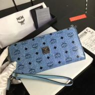 MCM Large Heritage Zip Around Wristlet Wallet In Visetos Washed Blue