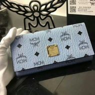 MCM Large Heritage Trifold Zip Wallet In Visetos Washed Blue