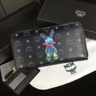 MCM Large Rabbit Zip Around Wallet In Visetos Black