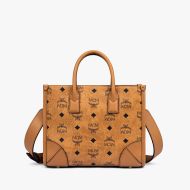 MCM Small Munchen Tote In Visetos Brown