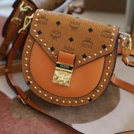 MCM Small Patricia Patty Bag In Studded Outline Visetos Brown