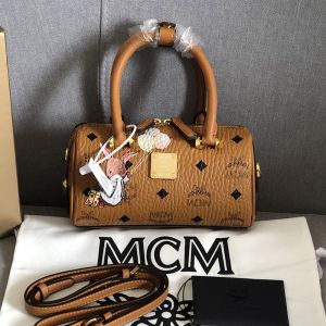 MCM Mini Essential Boston Bag In Rabbit Visetos Brown
