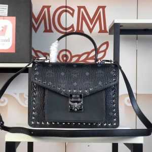 MCM Patricia Pocket Satchel In Studded Outline Visetos Black