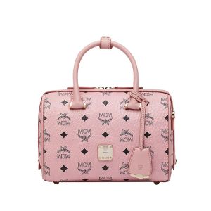 MCM Small Essential Boston Bag In Visetos Light Pink