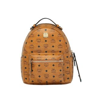MCM Small Stark Backpack with Studded Zipper In Visetos Brown